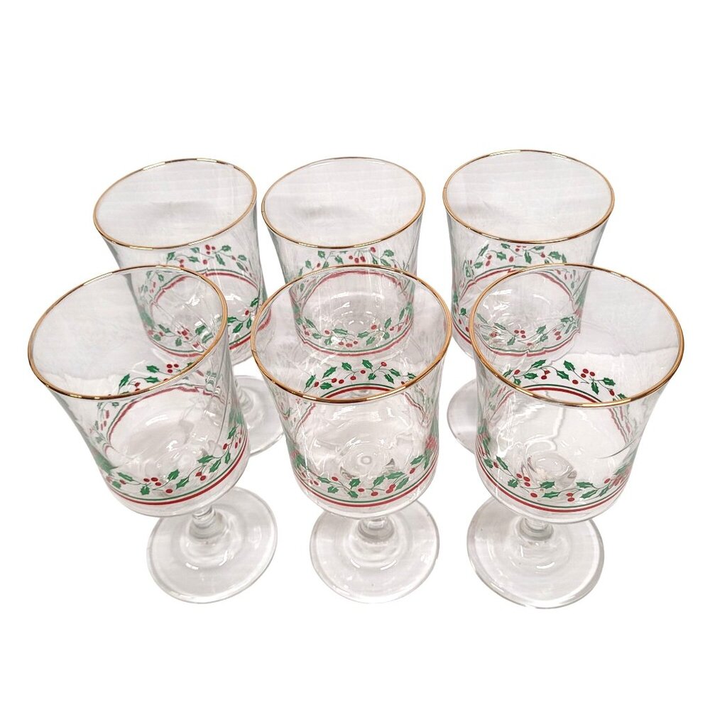 Libbey 1980s Set 6 Holly Berries Christmas Stemware Wine Glasses No Mark Vintage - Picture 4 of 7